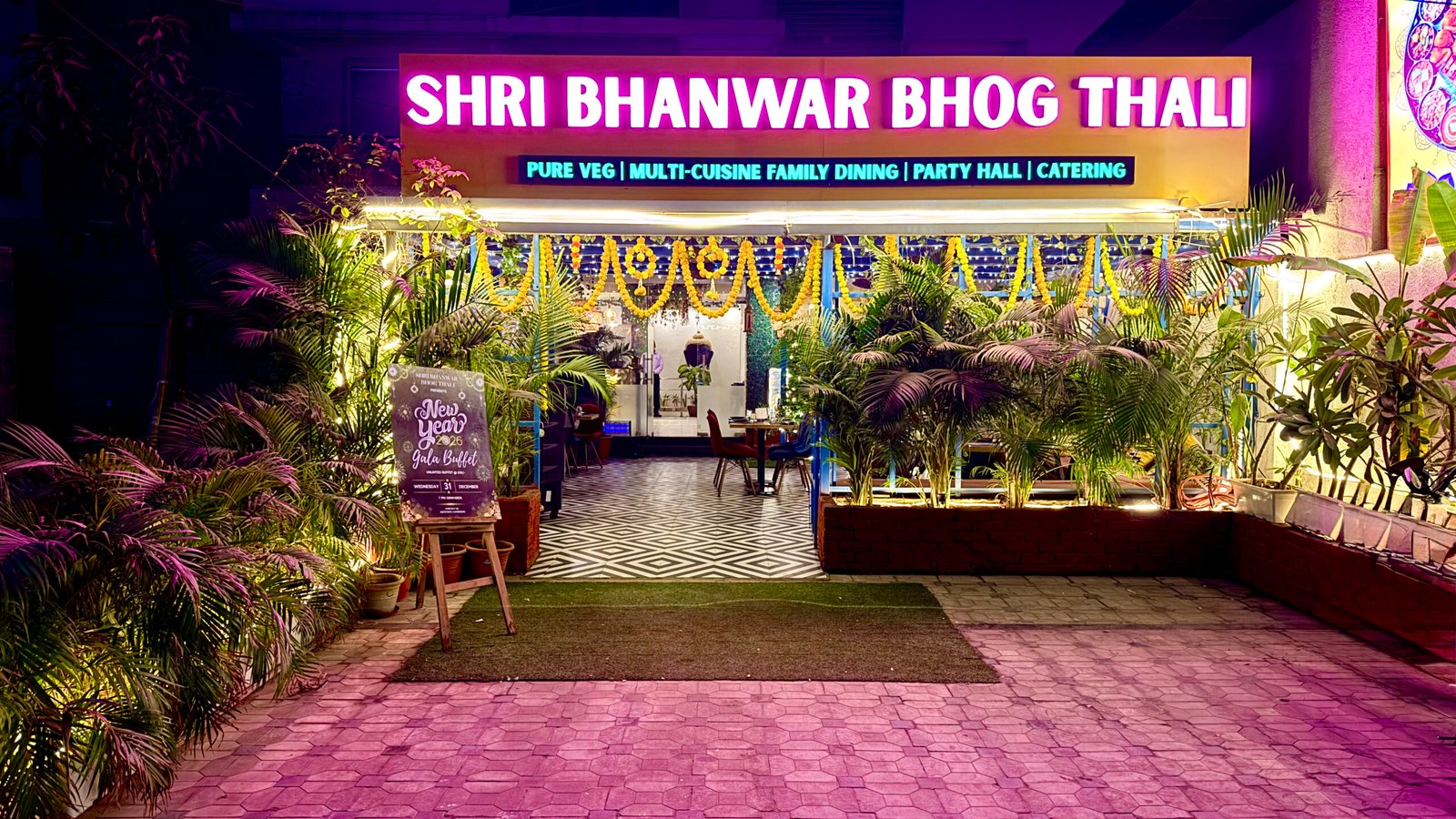 Shri Bhanwar Bhog Thali restaurant entrance at night, Vaishali Nagar, Jaipur